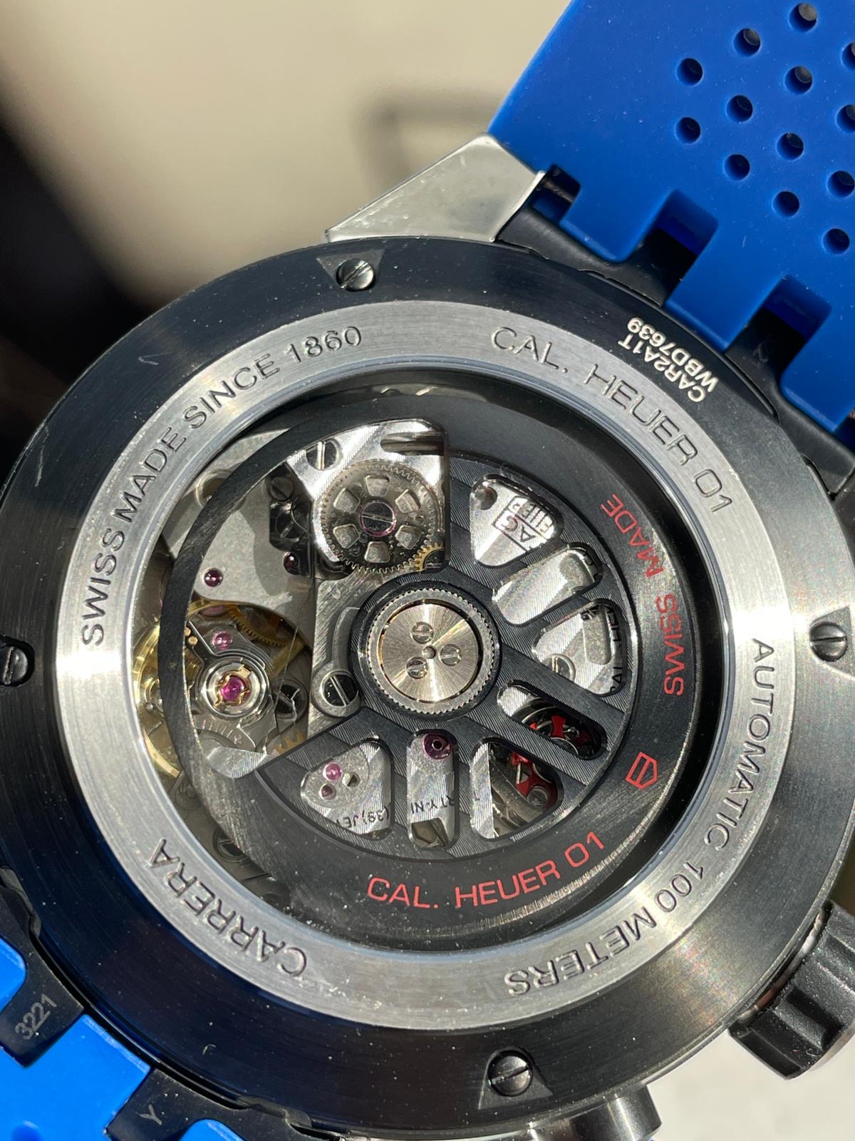 Calibre Heuer 01 Chrono SS/PVD XF 1:1 Best Edition Skeleton Dial Blue Hand on Blue Rubber Strap A1887 - Image 12