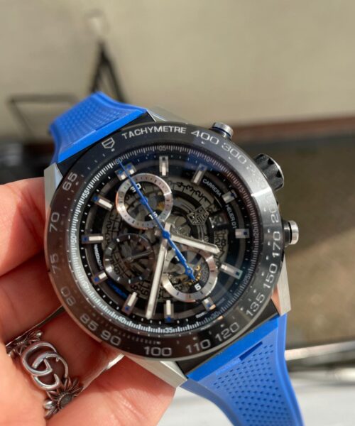 Calibre Heuer 01 Chrono SS/PVD XF 1:1 Best Edition Skeleton Dial Blue Hand on Blue Rubber Strap A1887
