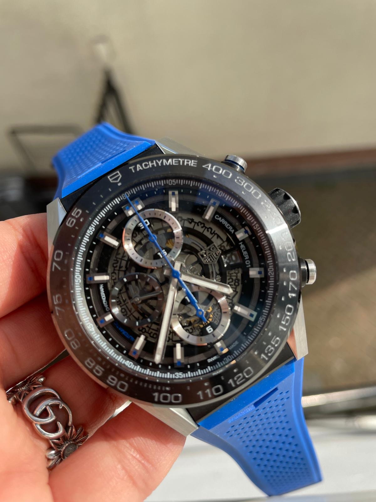 Calibre Heuer 01 Chrono SS/PVD XF 1:1 Best Edition Skeleton Dial Blue Hand on Blue Rubber Strap A1887