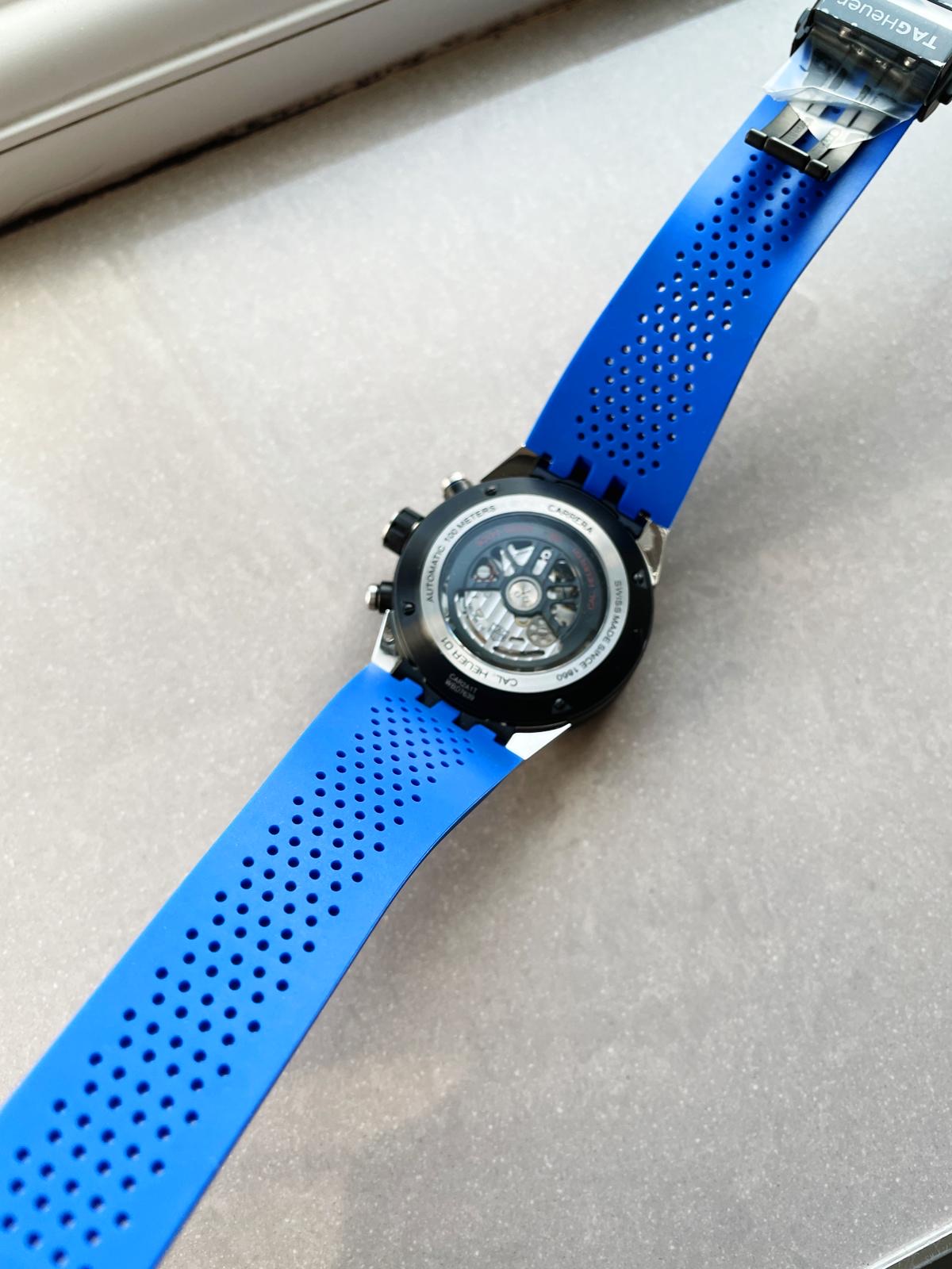 Calibre Heuer 01 Chrono SS/PVD XF 1:1 Best Edition Skeleton Dial Blue Hand on Blue Rubber Strap A1887 - Image 7