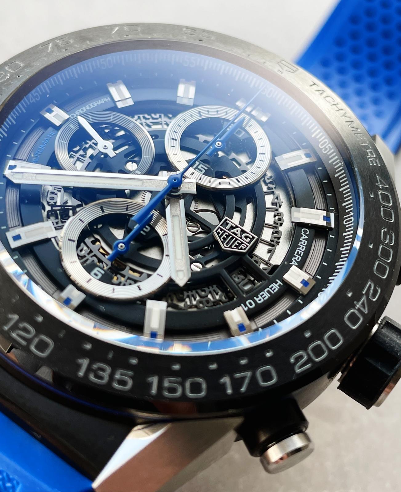 Calibre Heuer 01 Chrono SS/PVD XF 1:1 Best Edition Skeleton Dial Blue Hand on Blue Rubber Strap A1887 - Image 11