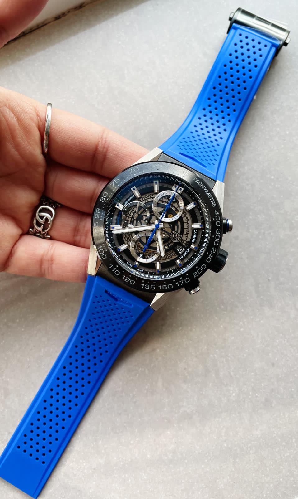 Calibre Heuer 01 Chrono SS/PVD XF 1:1 Best Edition Skeleton Dial Blue Hand on Blue Rubber Strap A1887 - Image 3