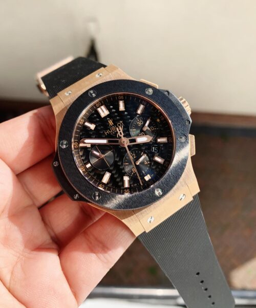 Big Bang 44mm Rose Gold Ceramic 2011 Black CF Dial on Black Gummy Strap HUB4104