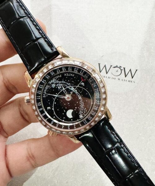 6104P Moon RG Black Dial Diamond Bezel on Black Leather Strap A240 V2