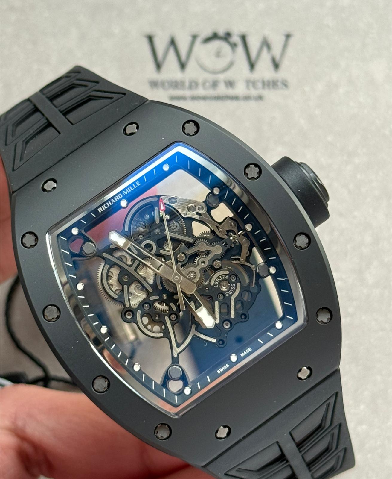 RM055 Black Ceramic ZF 1:1 Best Edition on Black/White Inner Bezel on Shark Rubber Strap RMUL2 - Image 11