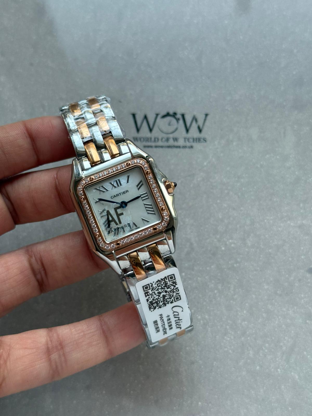 Panthère Ladies 27mm YG AF 1:1 Best Edition White MOP Dial Diamonds Bezel on YG Bracelet Ronda Quartz