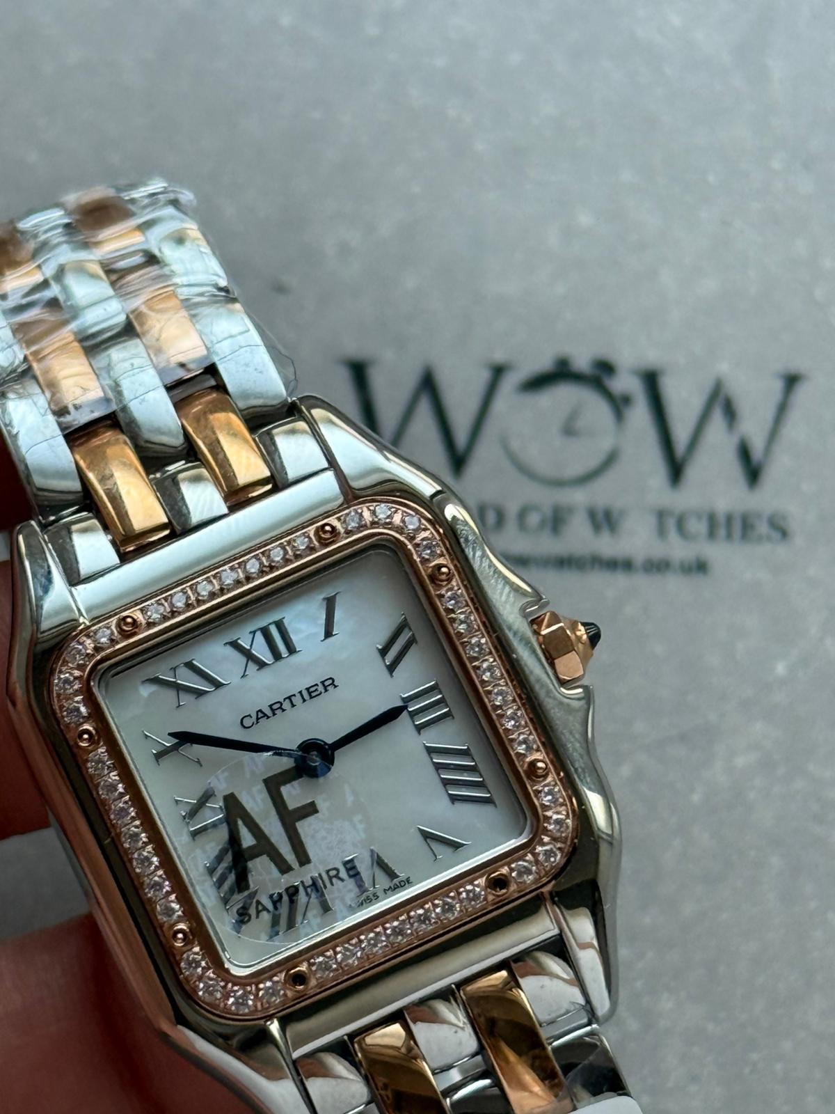 Panthère Ladies 27mm YG AF 1:1 Best Edition White MOP Dial Diamonds Bezel on YG Bracelet Ronda Quartz - Image 9